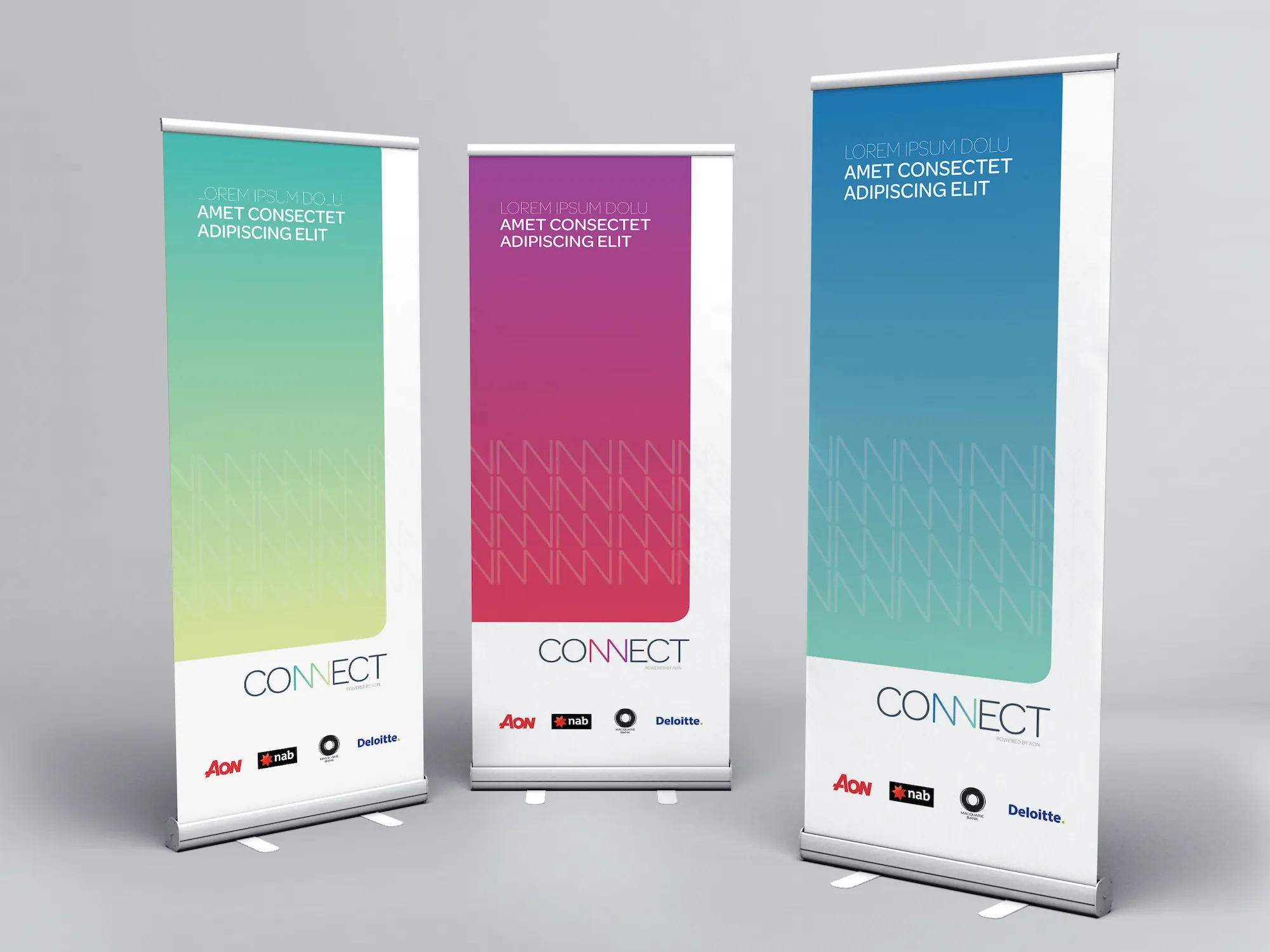 Three vertical pull-up banners for Aon Connect events standing side-by-side, displaying distinct teal, magenta, and blue color schemes with geometric patterns, the program logo, and corporate sponsor branding at the bottom.