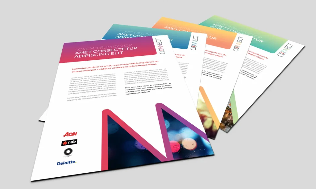 A mockup of fanned-out informational flyers for the Aon "Connect" program, featuring vibrant gradient headers in purple, blue, orange, and green, with placeholder text and sponsor logos for Aon, NAB, Macquarie, and Deloitte.