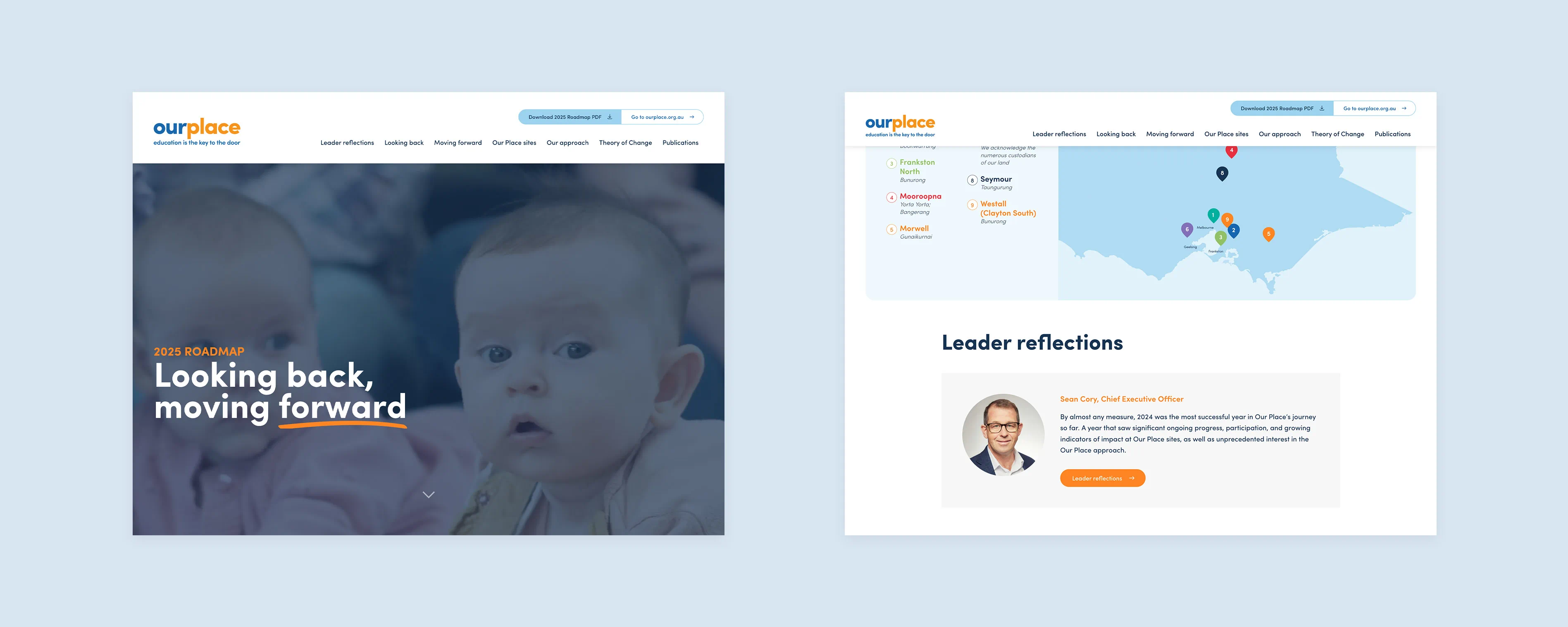 Our Place 2025 Roadmap website design showing hero section and interactive Victoria site map with leader reflections

