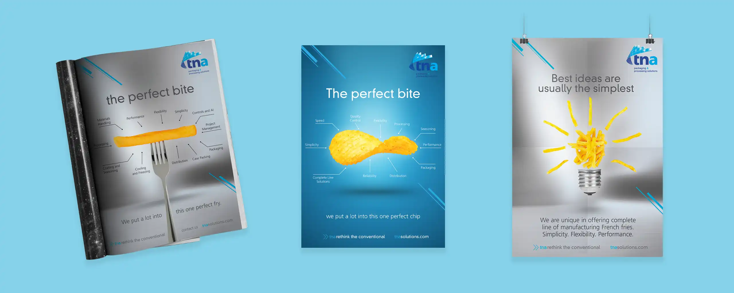 Three TNA print advertisements featuring "The perfect bite" magazine spread with a French fry on a fork, "The perfect bite" poster with a chip infinity symbol, and "Best ideas are usually the simplest" poster with a lightbulb made of French fries