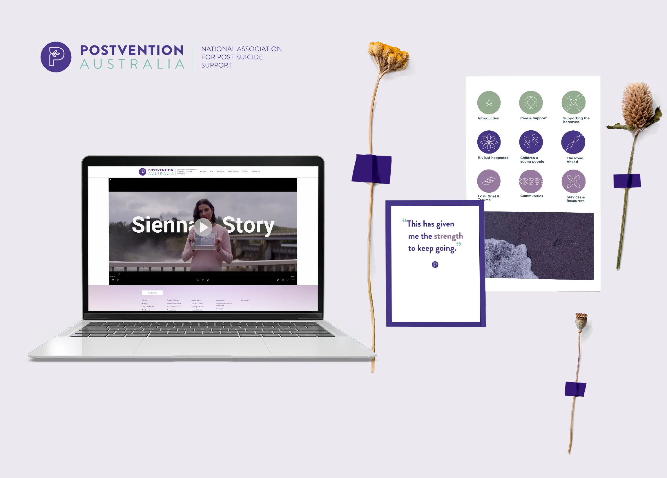 A branding showcase for Postvention Australia displaying a laptop with the website, a testimonial card, and printed resource sheets, all styled with dried flowers.