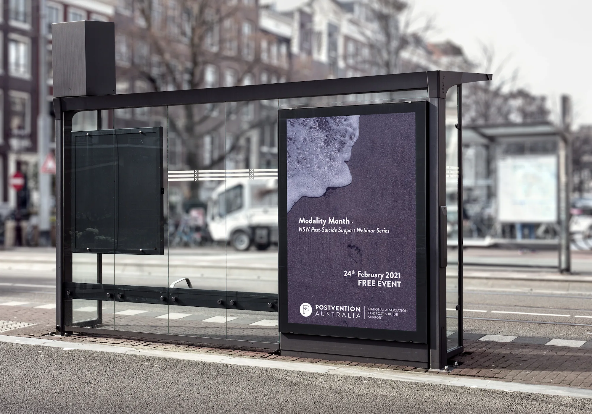 A bus shelter advertisement for Postvention Australia, promoting a free "Post-Suicide Support Webinar Series."