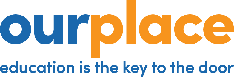 Logo design showing 'education is the key to the door' messaging for Our Place organisation branding