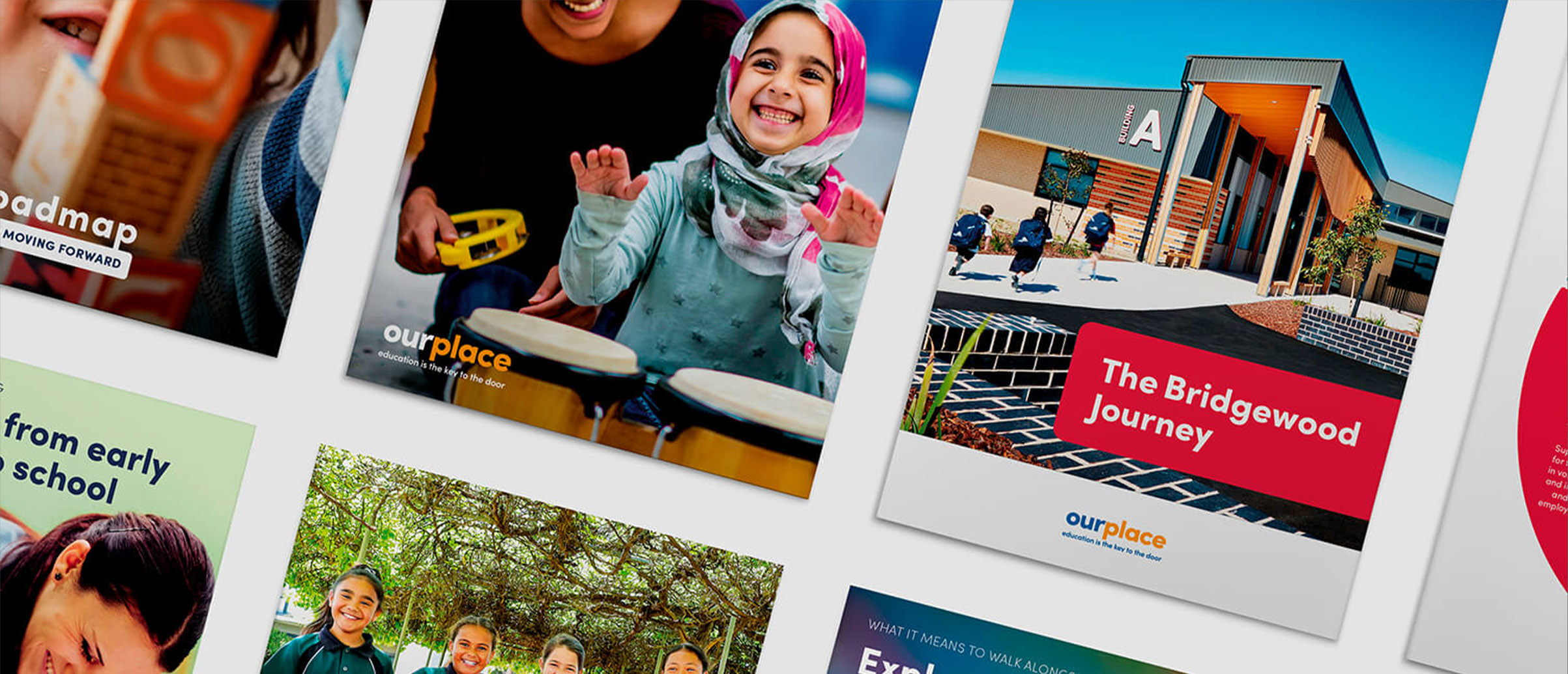 Our Place NFP branded reports and marketing materials showing community partnership programs and brand refinement