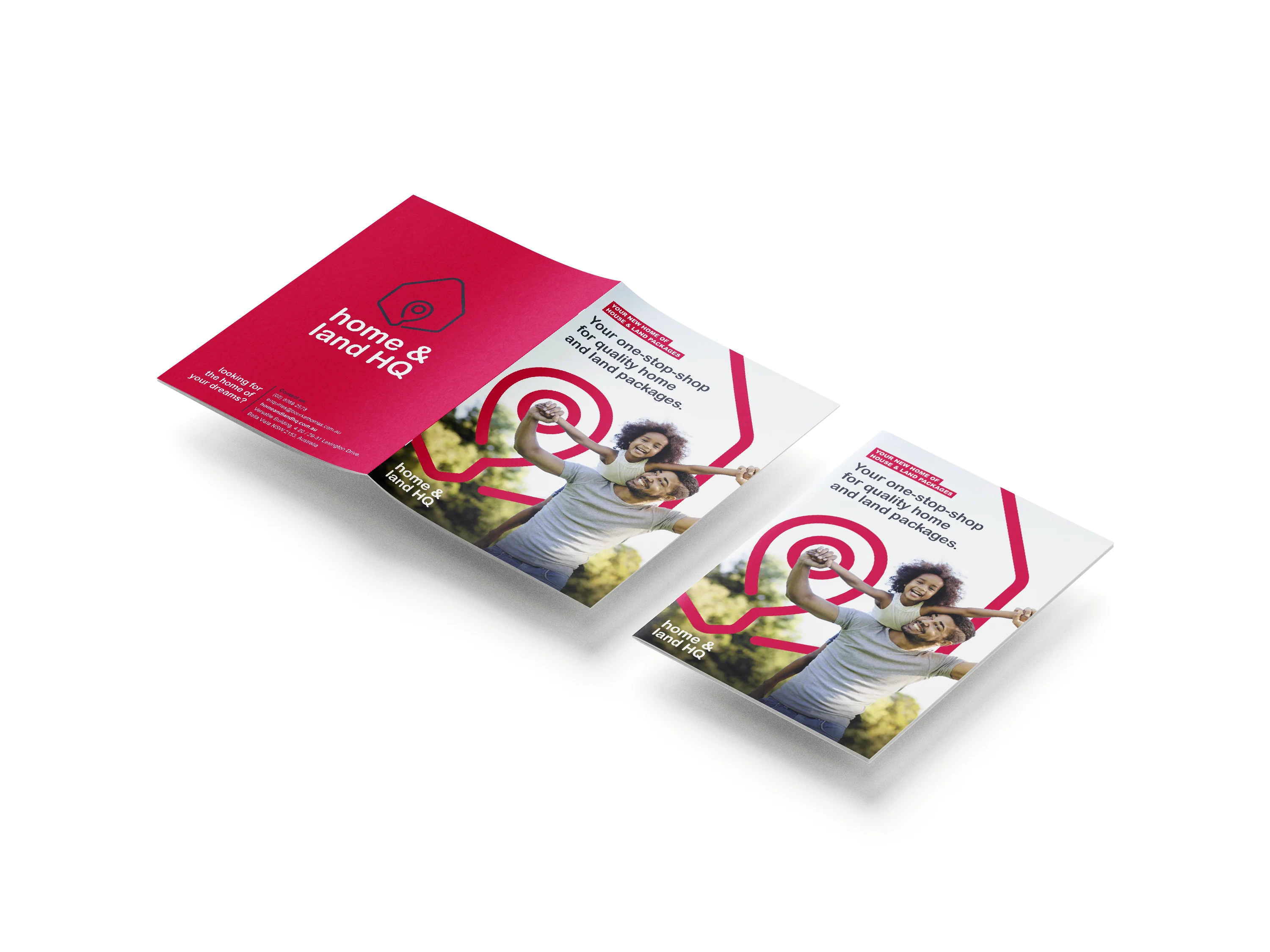 Home & Land HQ brochure in red and white with smiling couple and target icon on pink gradient background