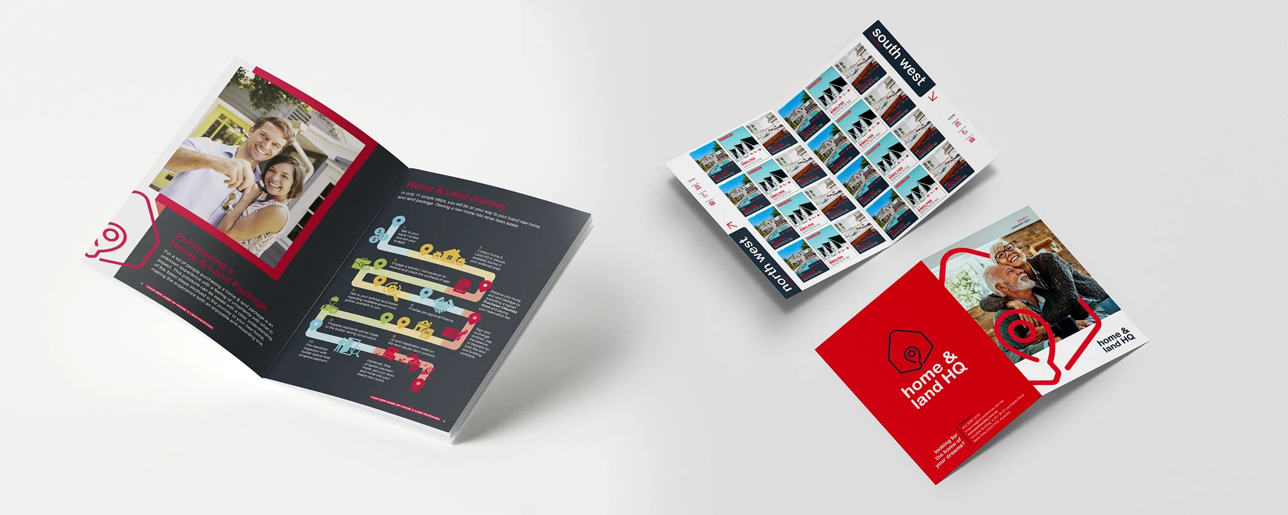 Home & Land HQ marketing materials including open brochure with buying process infographic, regional property guides and branded presentation folders in red white and grey