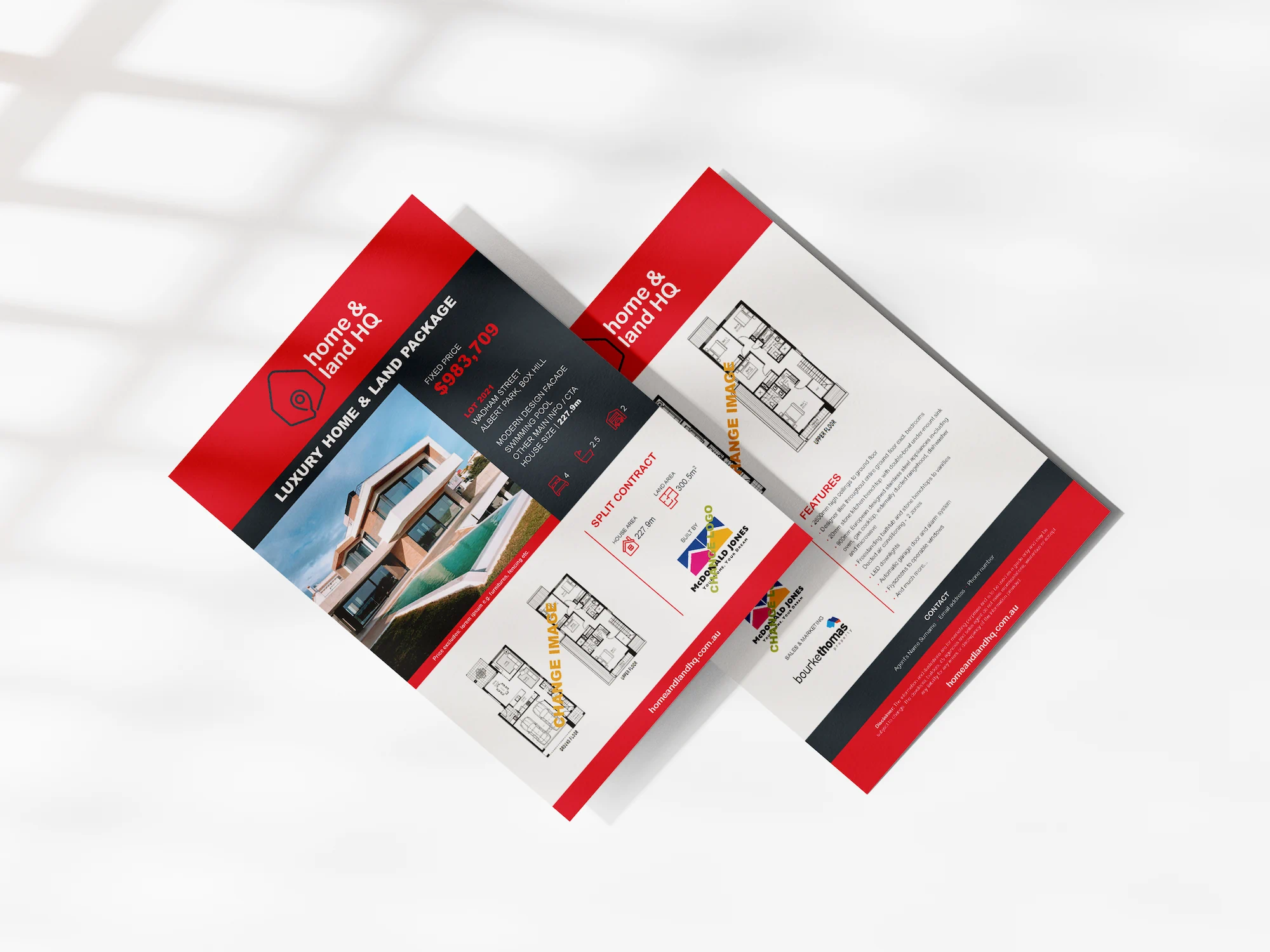Home & Land HQ branded folders and brochures with red white grey design featuring couple photos and property information