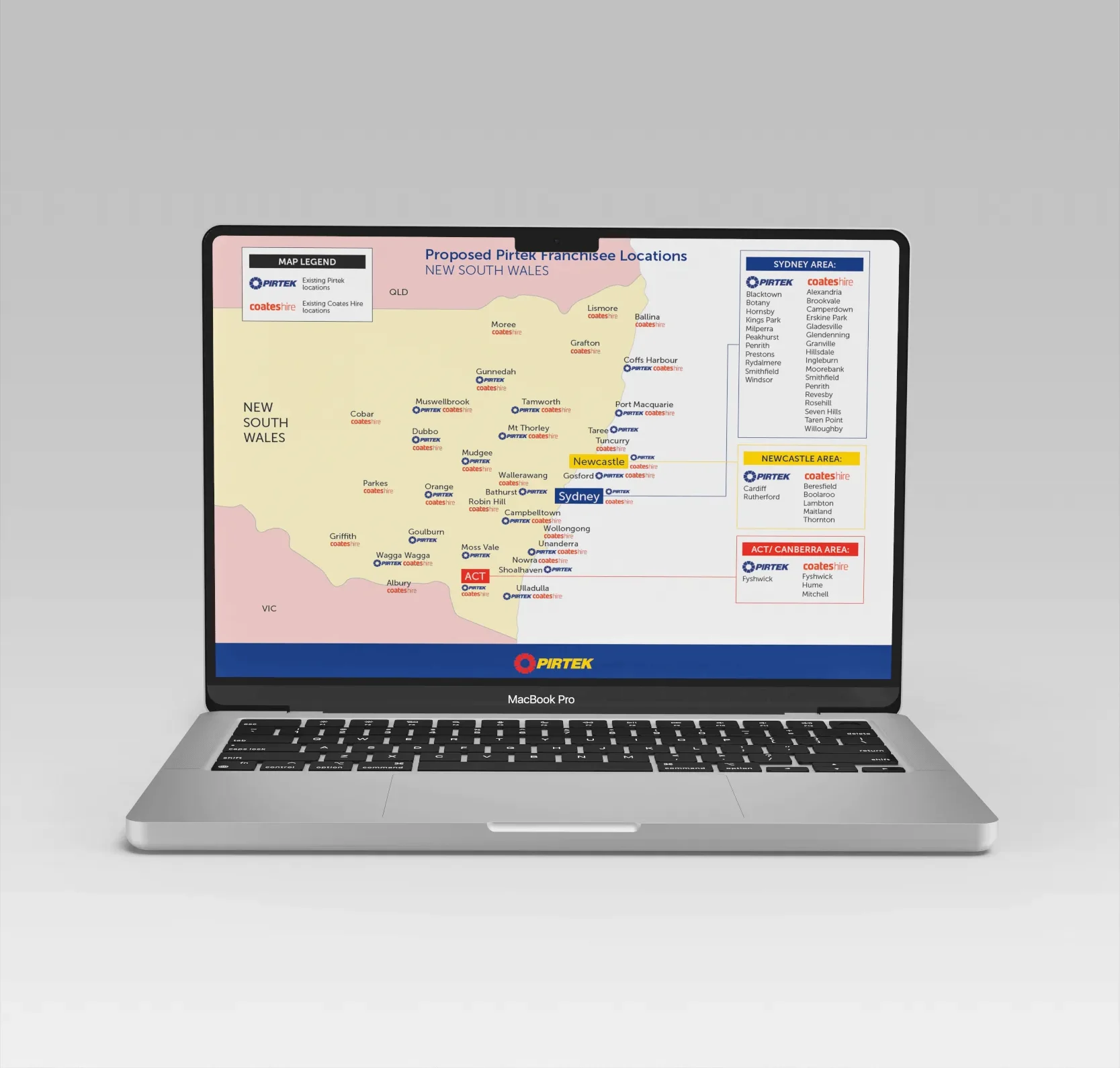 A laptop displaying a map of New South Wales titled "Proposed Pirtek Franchisee Locations," highlighting regional distribution points and listing specific sites for Pirtek and Coates Hire across Sydney, Newcastle, and Canberra.