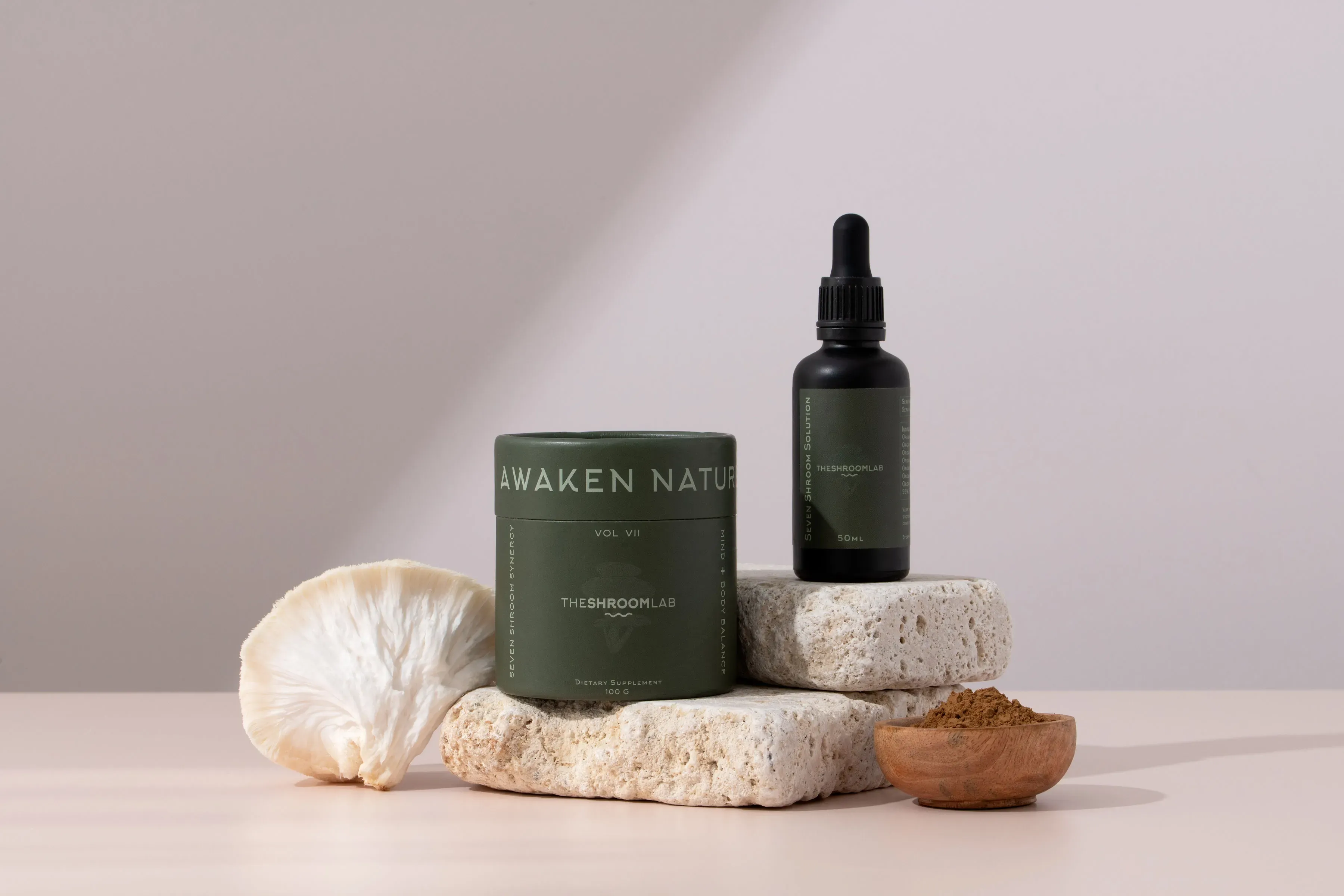 The Shroom Lab branding work - natural wellness product photography design