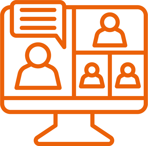 Computer monitor with people icons representing virtual event marketing and online conference services.