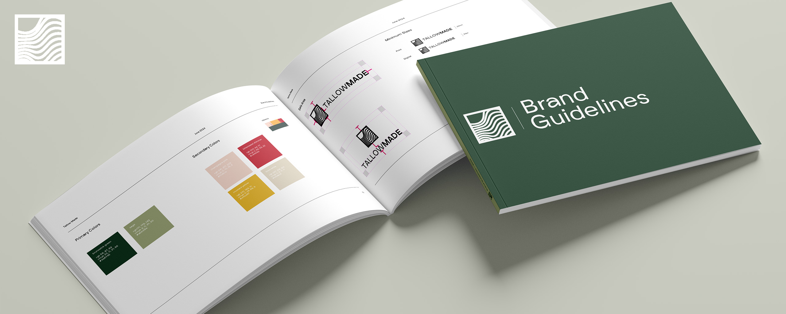 Tallow Made brand guidelines booklet showing colour palette and logo usage specifications for bespoke furniture brand identity
