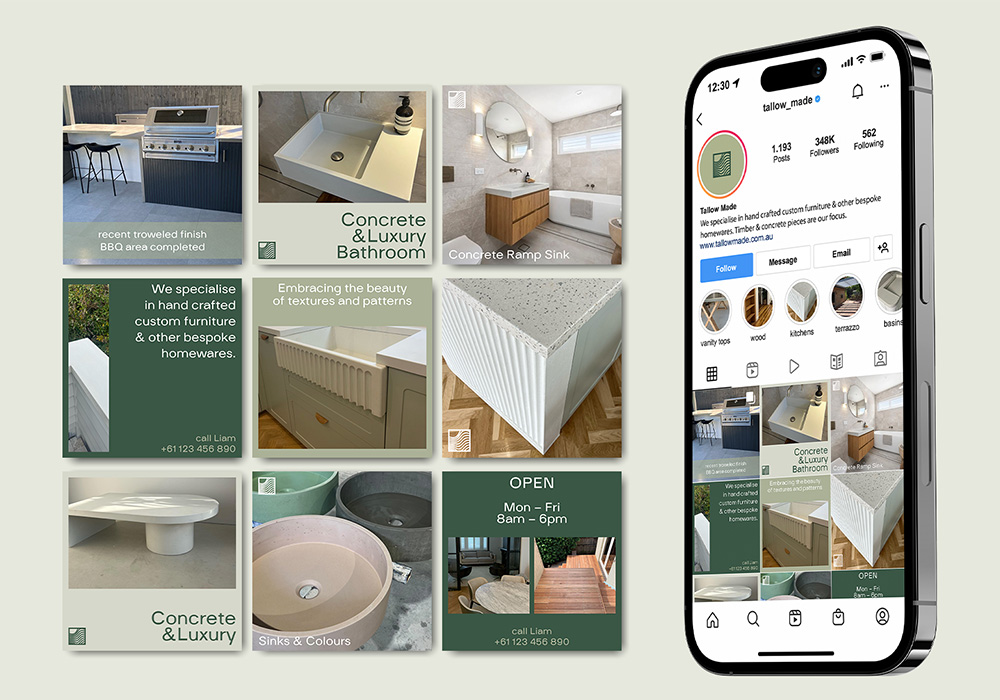 Tallow Made social media content design showing Instagram grid layout and mobile phone mockup displaying the brand profile with concrete bathroom and furniture imagery