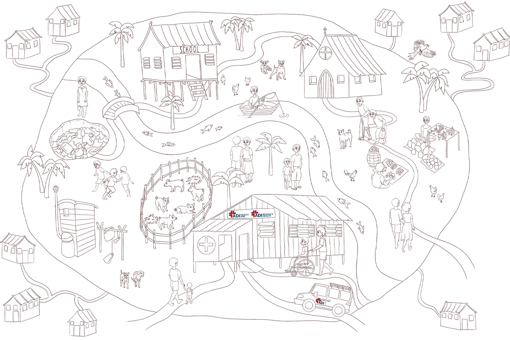 A detailed line-drawing illustration of a rural village map. The sketch depicts winding paths connecting stilted houses, a school, a church, and a health clinic with various scenes of villagers, animals, and daily life activities.