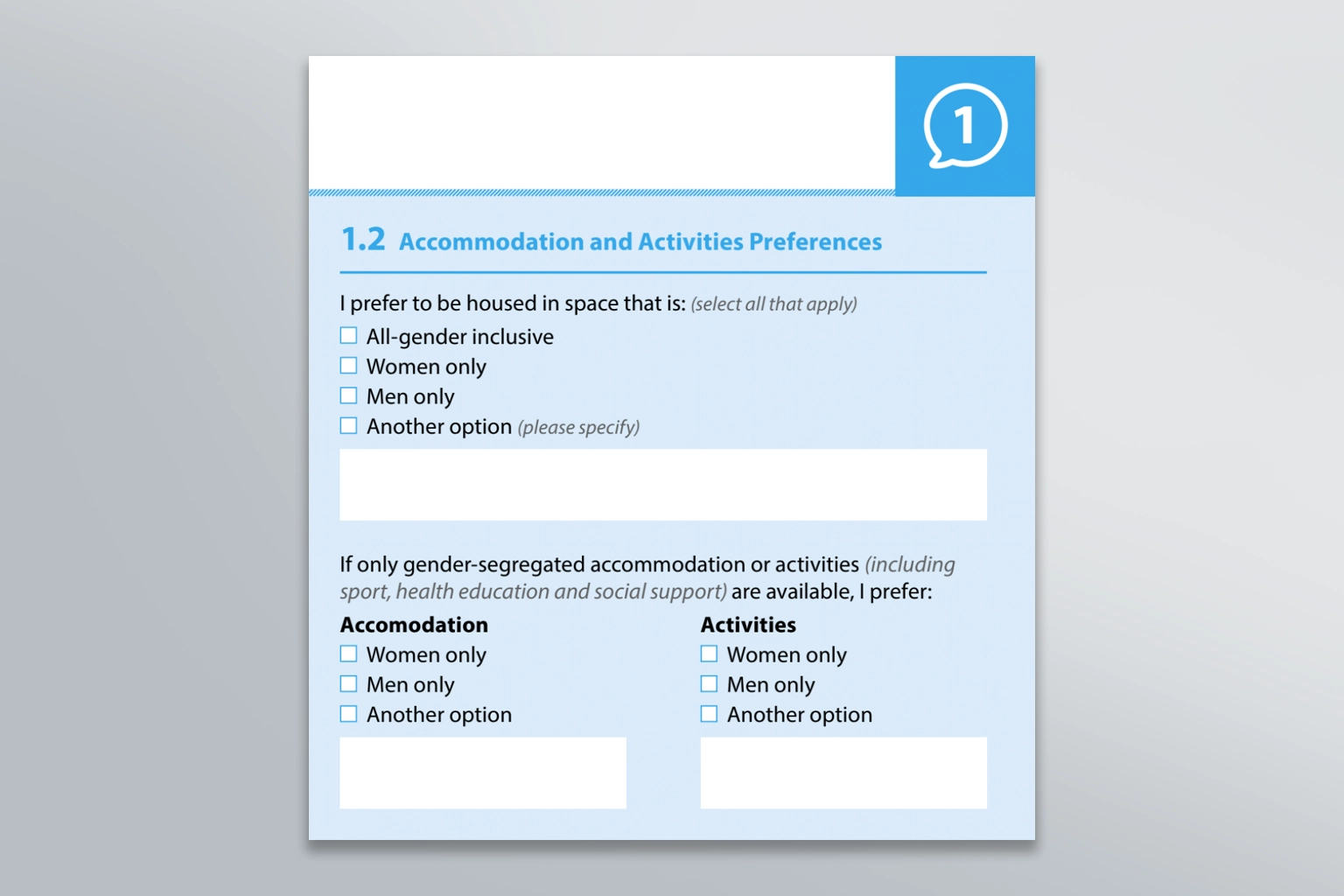 A close-up of a form page listing checkbox options for housing and activity preferences regarding gender inclusivity, designed with a clean blue header and white background