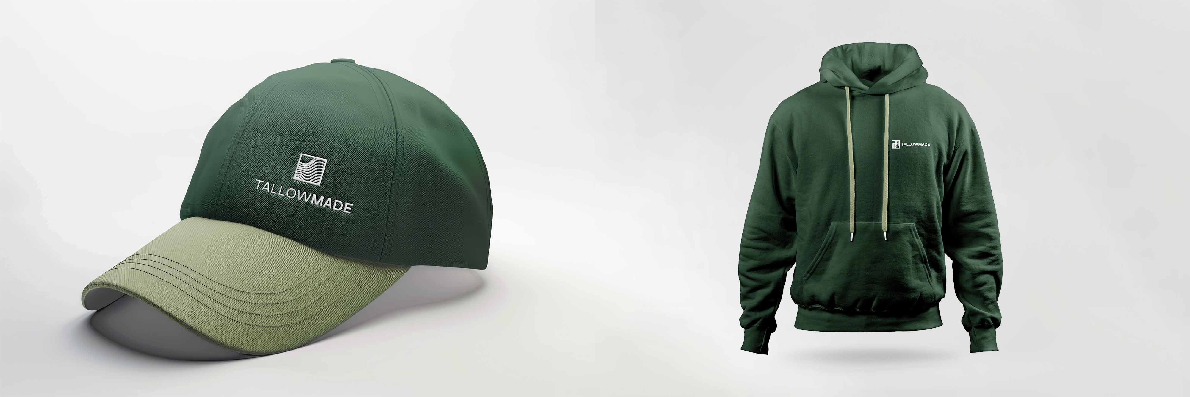 Tallow Made branded apparel mockups featuring forest green cap with tan brim and matching hoodie with embroidered logo
